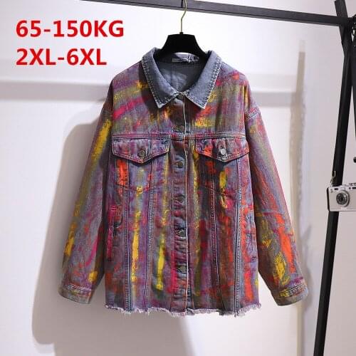 Transfortegy Autumn Plus Size Tops Womens Wear Personality Graffiti High Street Cowboy Coat Fat Girl Casual Loose Cowboy Jacket