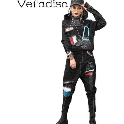Vefadisa Personality Black Women Set 2021 Autumn Hooded Batwing Sleeve Coat Patchwork Harem Pants Plus Size 2 Piece Set QYF5946