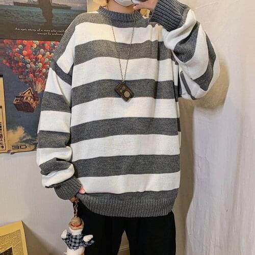 2021 Contrast Stripe Knitted Sweater Autumn Winter Men And Womens Pullover Black Red Striped Oversized Sweater Hot Sale