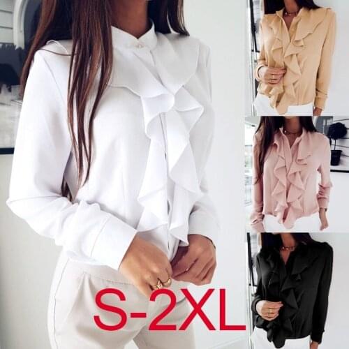 Summer Womens Style Long-sleeved Ruffled V-neck Shirt Casual Loose Solid Color Polyester Cardigan Single-breasted Chiffon Shirt