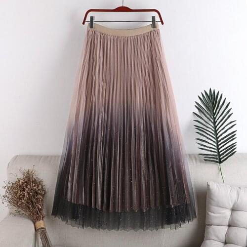 Women Patchwork Mesh Gold Velvet Skirts Two Layered 2020 New Autumn Winter Female Pleated Skirt Gradient Wear Mid-length Skirt