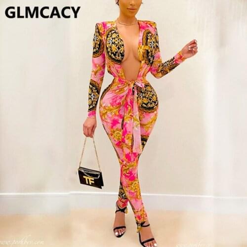 Women Long Sleeve Plunge Neck Vintage Slim Jumpsuits