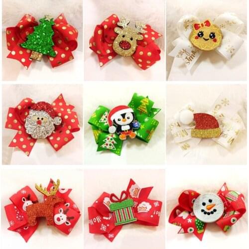 20pc/lot Embroidery Penguin Animal Cartoon Hair Clip Christmas Hair Bow Snowman Hairpin New Year Party Hair Barrette Santa Deer