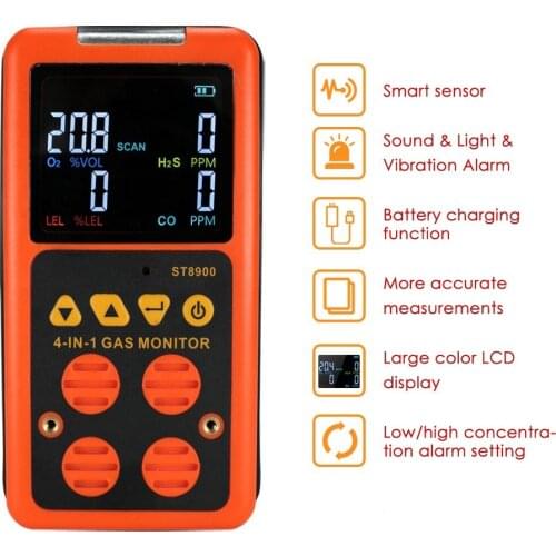 4 in 1 Gas Detector O2 H2S CO Combustible Carbon Monoxide Oxygen Flammable Gas Analyzer Toxic Gas Harmful Gas Leak Detector