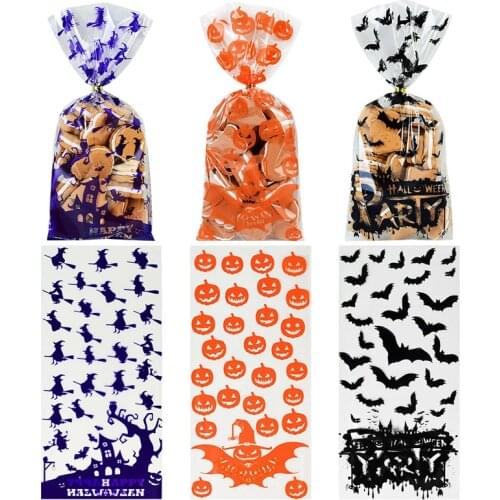 50pcs Hallwoeen Pumpkin Skull Cat Candy Bag Transparent Cellophane Food Plastic Pack Gift Bags Halloween Party Decor