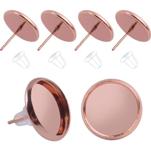 50 Pcs Stainless Steel Stud Rose Gold Earring Cabochon Setting Post Cup for 12mm and 50 Pieces Clear Rubber Earring Safety Backs