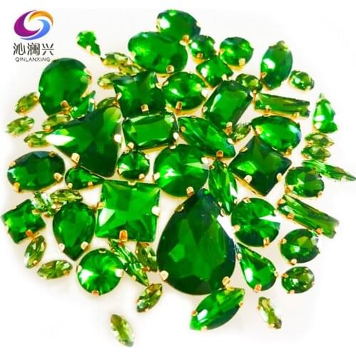 58pcs/pack Grass Green Gold Bottom Mix Shape Mix Size Crystal Galss Claw Rhinestone,flatback Sew on Stones Diy/Gewelry Accessory