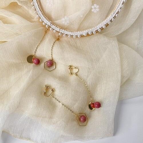 Asymmetric Hummus Stone Earrings Female Hand-Made Design Gentle Vintage Long Earrings wu er dong Clip-on Earrings tassel