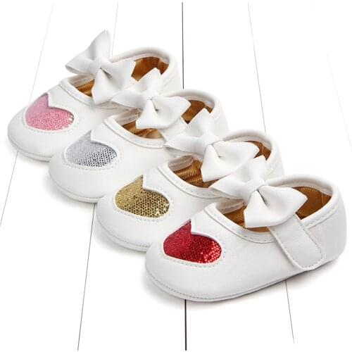 Heart Sequins Bowknot PU Flats Infant Baby Girl Non-slip Shoes Toddler First Walkers Shoes for Kids 0-12 Months