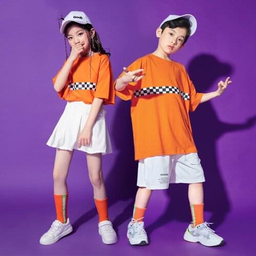 Children Jazz Dance Costumes For Kids Orange Loose Tops Hiphop Outfits Boys Girls Ballroom Hip Hop Dance Rave Clothes DQS7048
