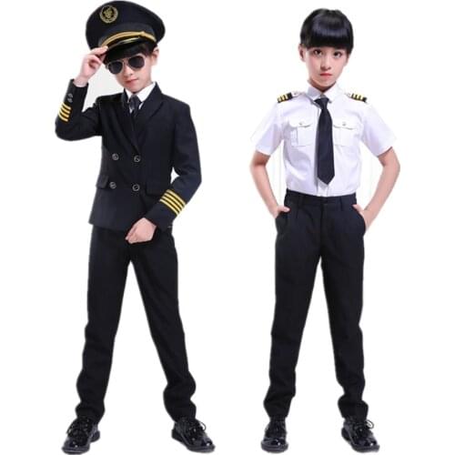 Kids Pilot Costumes Children Cosplay for Boys Girls Flight Attendant Costume Airplane Aircraft Air Force Performance Uniforms