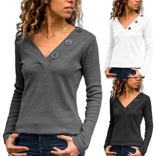Elegant women Shirts Blouse Women Long Sleeve top Solid Color V Neck Long Sleeve Buttons Slim Blouse Pullover Bottoming Top