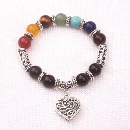 Classic 7 Chakra Bracelet Natural Stone Women Healing Balance Bracelets Heart Charm Mala Bracelet Jewelry