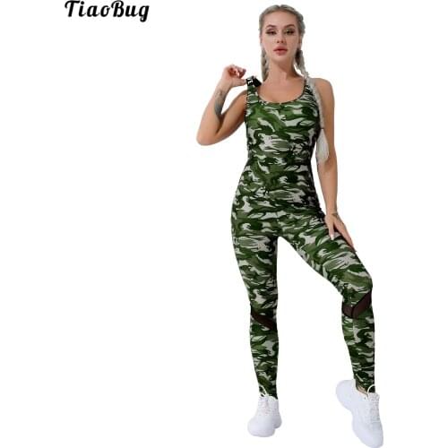 TiaoBug Summer Women Fashion Camouflage Pattern Skinny Jumpsuit Criss Cross Letter Printing Back Strap Leotard Bodysuit