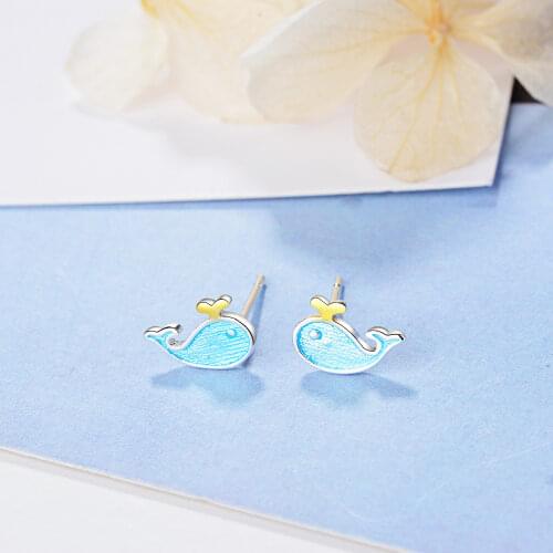 Hot Sale 925 Sterling Silver Dancing Whale Earrings Blue Charms Fashion Stud Earrings For Women Girls Jewelry