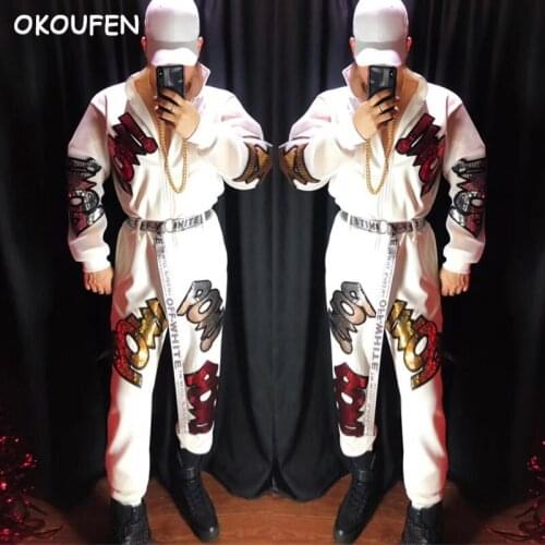 Fashion Embroidery Skulls hip-hop handsome performance jumpsuits costumes Male singer Nightclub bar DJ DS stage dance wear