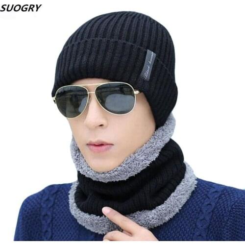 SUOGRY Checked Knit Male Gorros Scarf Winter Stocking Hat Men Warm Add Velvet Hip Hop Hats Tagged Skullies Neck Warmer Hood