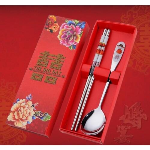 Stainless Steel Dinnerware Double Happiness Red Color Spoons Chopstick Sets Wedding Party Gifts For Guest SN1648