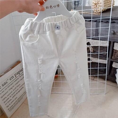 2019 New Spring Item Girl White Hole Jeans Pant