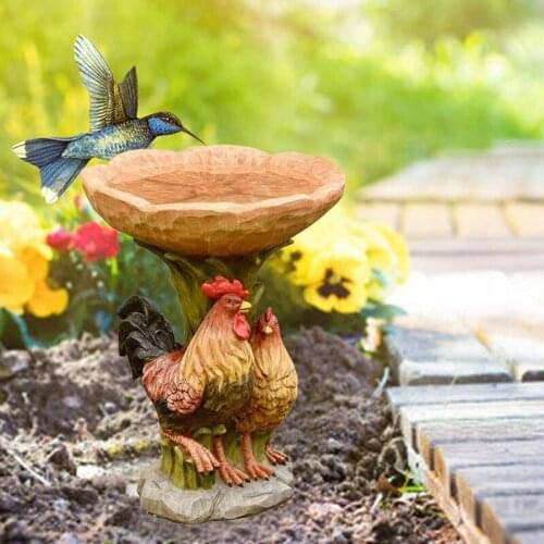 Rooster and Hen Polyresin Bird Bath Brown Pedestal Handmade Gifts for Outdoor Home Garden Lawn Yard Decorations