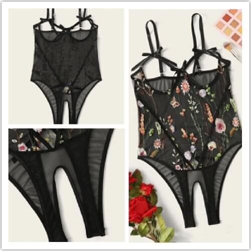 Black Sexy Underwear Floral Siamese Onesies Open File Printing Bow Blast Pajamas S-2XL Body Shapewear