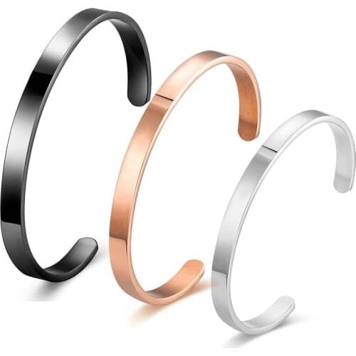 6mm Wide Smooth Open Cuff Bracelet For Men Simple Black Stainless Steel C-Shaped Bracelet Male Gift Jewelry