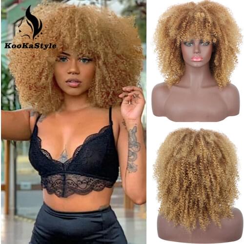 Synthetic Wigs Short Curly Wigs with Bangs Afro Kinky Curly Wigs For Black Women Ombre Blonde/Orange Cosplay Wigs Heat Resistant