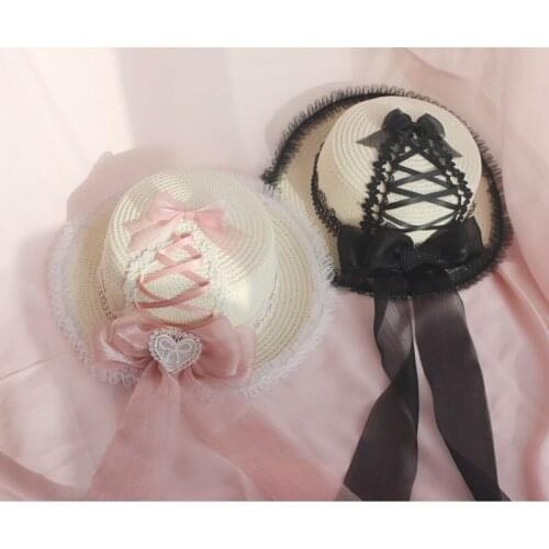 Sweet Lolita Girl Handmade Straw Hat Flat Hat Sun Hat Yarn Bows Trim Mori Girl Cute Twins Bestie Black Pink