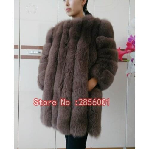 Women real fox fur coat winter full pelt jacket o-neck fox fur medium long outerwear detachable sleeves