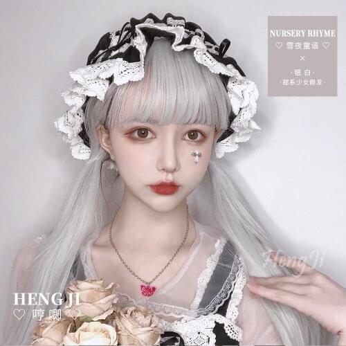 Womens Long Hair Internet-Famous round Face Cute Lolita Girl Long Straight Hair Harajuku White anime cosplay lolita wig