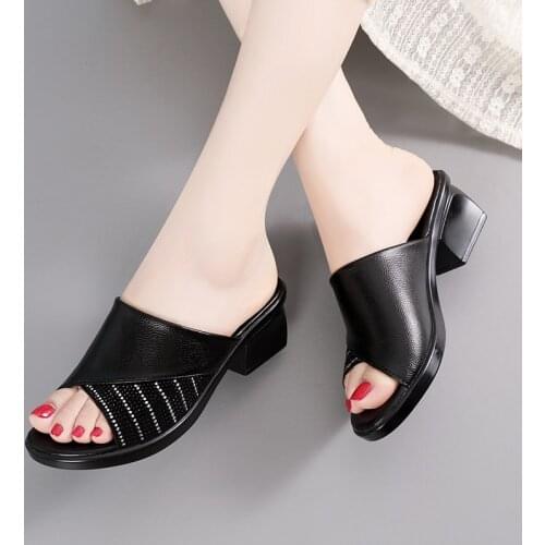 Logoneone Womens Slippers Sandals 2021 Summer 4.5cm Mid Heels Shoes Mothers Casual