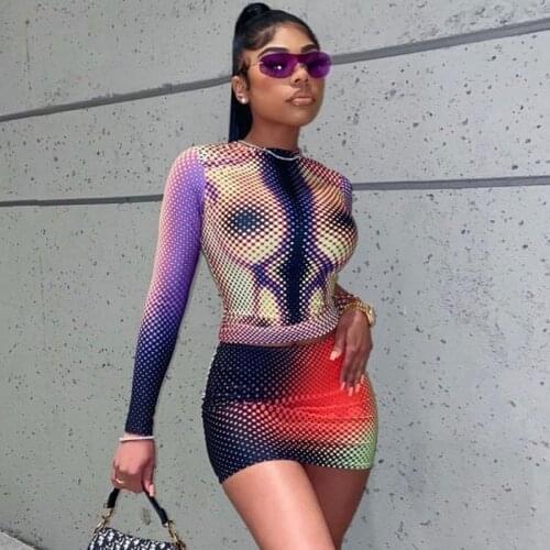 Weird Puss Dots Sexy Print Autumn Women 2 Piece Set Stretchy Long Sleeve Crop Top+Skirt 2021 Fashion Streetwear Matching Suit