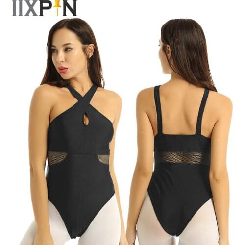 Women Ballet Leotards Gymnastics Bodysuit Front Cross Neck Fishnet Splice Waist High Cut Leotard Tracksuit Ballet Dancewear