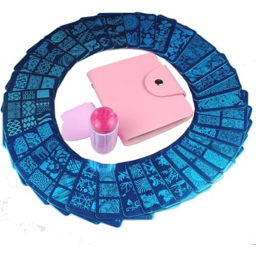 Finger Angel 35Pcs Nail Art Plate Nail Art Stamping Template+1Pcs Pink PU Stamping Case+1Pcs Jelly Silicon Stamper &amp Set W049