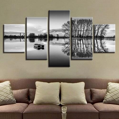 5 Pieces Black And White Pictures Ship Lake Tree Landscape Canvas Painting Art Modular Poster HD Printing Decor Living Room Wall