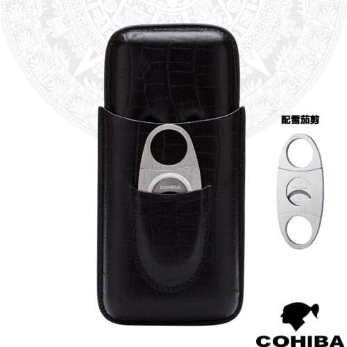 COHIBA Crocodile Leather Pattern Cigar Cigarette Case Travel Humidor Gift Box W/Stainless Cutter Fit 3 Cigars Smoking Tool