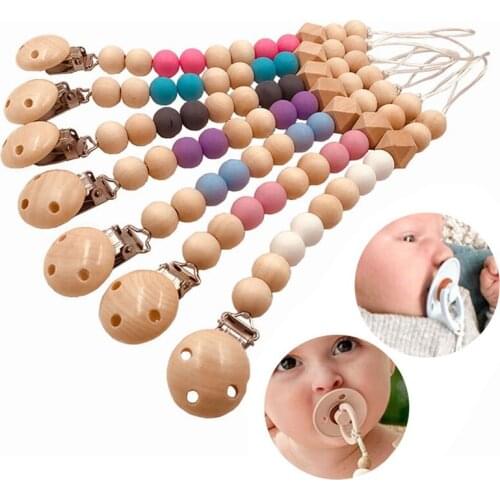 Baby Pacifier Chain Wooden Baby Pacifier Clips Durable Cute Soother Chains Kids Chew Teething Toy Infant Nipple Bottle Clips