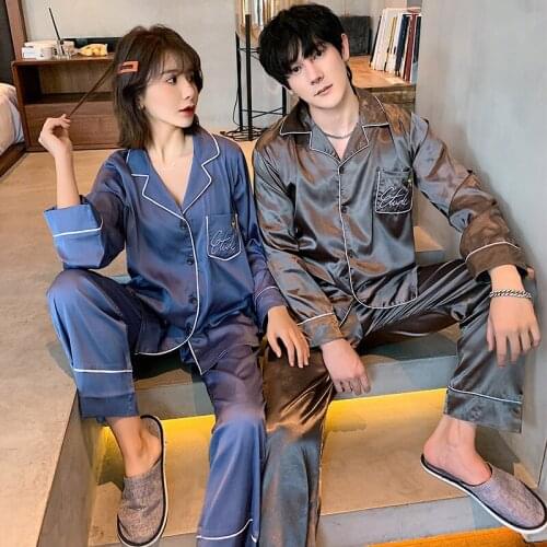 SLPBELY Couple Pajamas Set Homesuit Spring Faux Silk Satin Solid Long Sleeve Men And Women Pyjamas Lovers Sleepwear Nightclothes