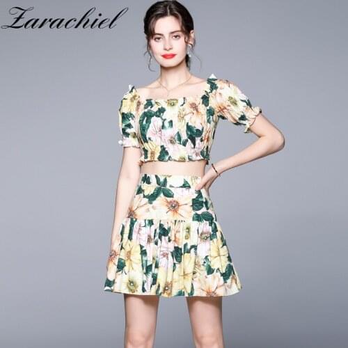 Runway Yellow Camellia Foral Print 2 Piece Set Women Cotton Off Shoulder Crop Tops + High Waist Shorts Skirts Summer Tracksuits
