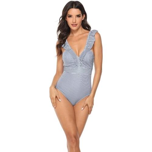 Striped Bikini Swimsuit One Piece Ruffled Sexy V Neck Halter Swimwear Bikini 2020 Thong for Lady