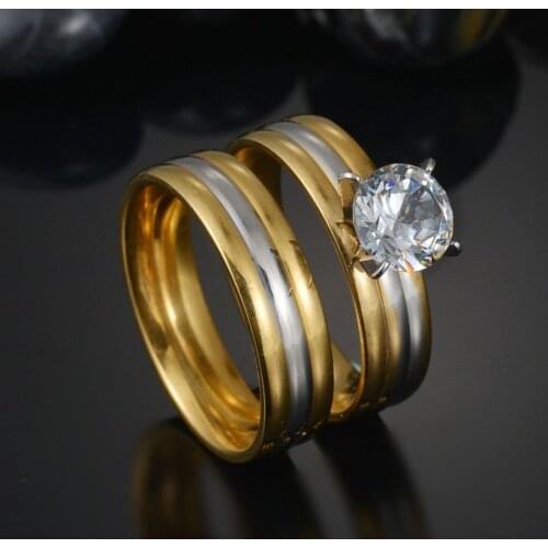 Charm Couple Ring Stainless Steel Gold Mens Rings Clear Zircon Crystal Womens Ring Sets Valentines Day Wedding Bands