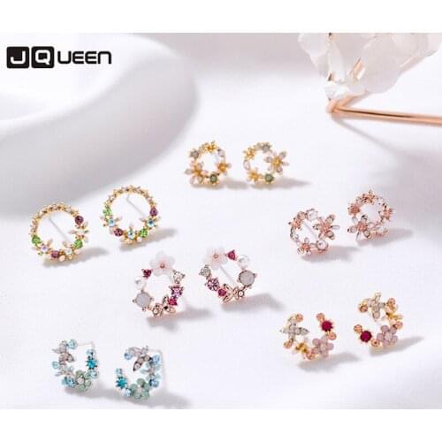 Romantic Sweet Colour Garland Circle Ear Nail Temperament Fresh Girl Color Crystal Petal Earrings For Woman Female Gift
