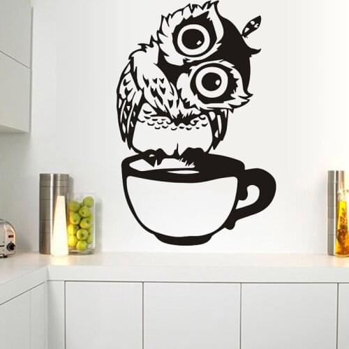 Lovely Owl Wall Sticker Cute Cartoon Owl on Mug Vinyl Decal Coffee Bar Wall Decor Decorative Stickers For Kitchen Dining Room