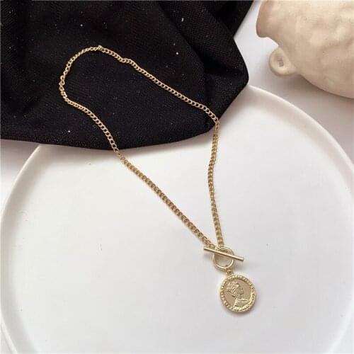 Vintage Pure Color Metal Coin Portrait Stick Hoop Necklace Choker Korean Pendent Necklace for Women Girls Collar Jewelry Gift