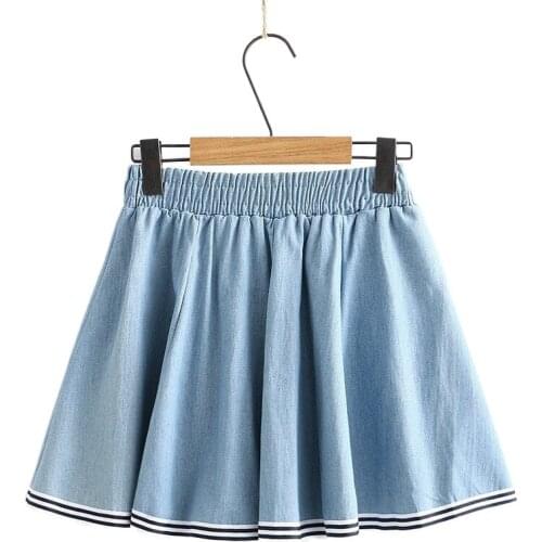 Merry Pretty Denim Womens Striped Patchwork Pleated Skirts 2020 Sweet Girl Hight Waist Cute Mini Skirts Elasticity Waist Skirts