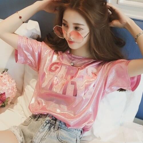 2021 Summer New Bright Silk Letter Pink Short-sleeved T-shirt Female Student Bright Half-sleeved Top