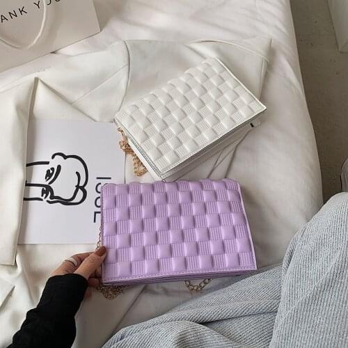 Fashion Women Pure Color Chain Woven Checker Crossbody Messenger Shoulder Bag Casual Ladies PU Leather Small Square Handbags