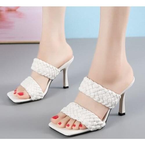 European Solid knitted double band slingback women sandals thin high heels shoes women slippers sexy slip on weave sandalias2020