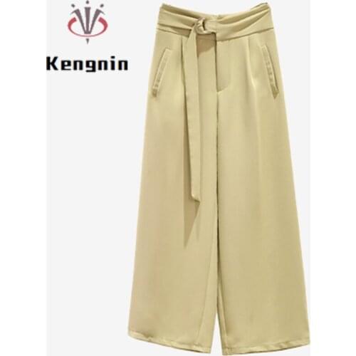2021 Summer Loose Plus Size 4XL Womens Trousers Casual Ladies Wide Leg Pants Fashion Soild Color Sashes Female Capris KE1542