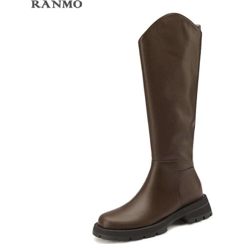 Round Toe Knee-High Boots 2021 Winter Chunky Heels Shoes Woman Heels Genuine Leather Party Basic Tight High Boots Platform Shoes